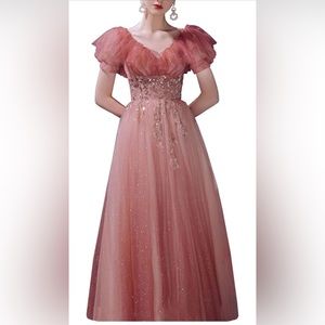BJCYYN Pink Tulle Short Sleeve Prom Dress